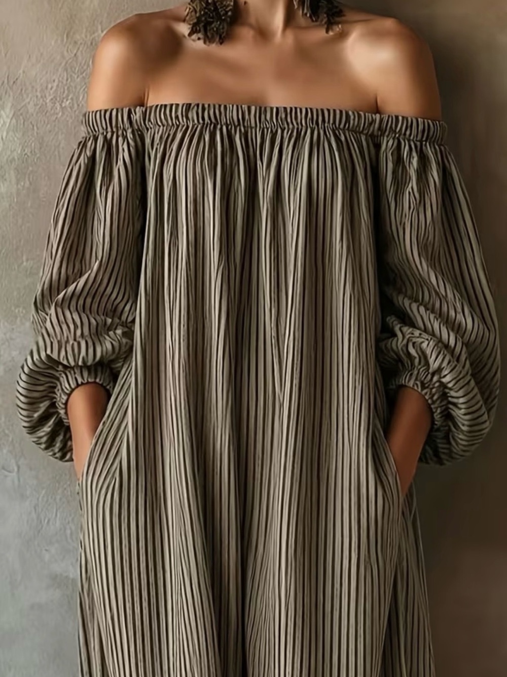 Off-Shoulder Striped Midi Dress in Olive Taupe
